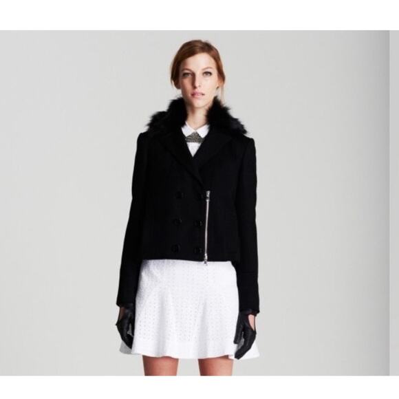 Jenni‎ Kayne Jacket Pea Coat XS Black Wool Fox Fur Collar Crop Silk Designer - Picture 1 of 14